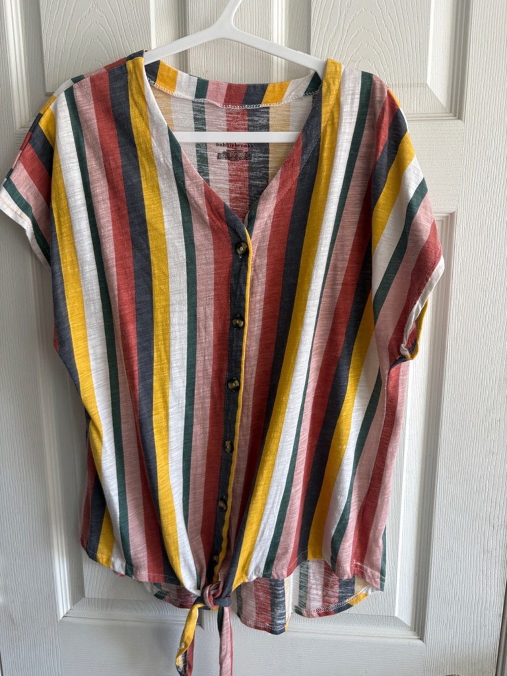 bobbiebrooks Striped Button-Front Tie-Hem Blouse in Mustard, Rust & Green